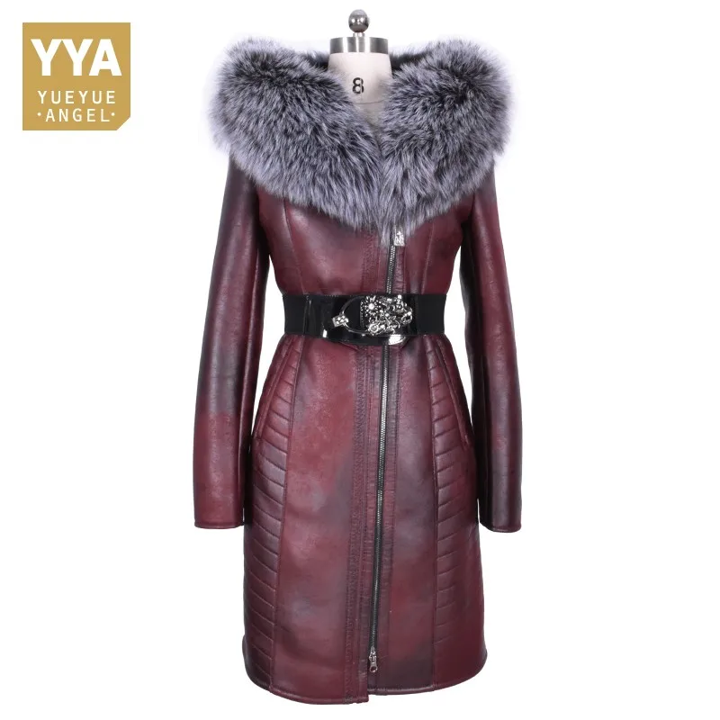 2018 New Women Winter Real Fur Long Coat Plus Size 8XL Slim Fit Snow Overcoat Motor Biker Fur Hoody Leather Windbreaker Jacket