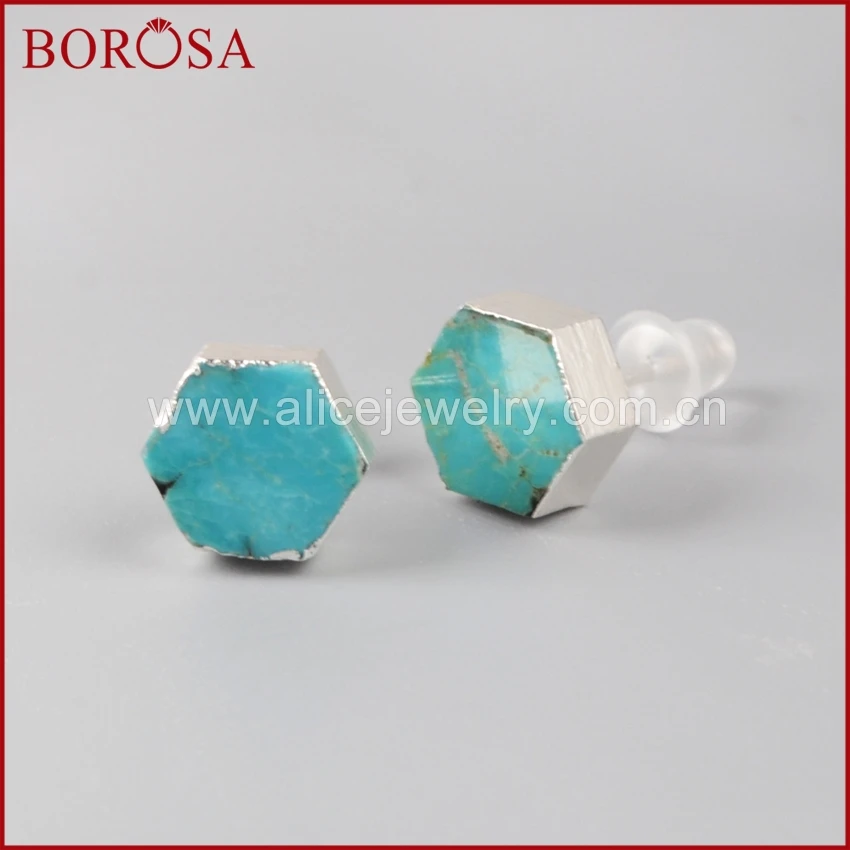 

BOROSA Pure Silver Hexagon Blue Natural Blue Stone High Quality Stud Earrings Fashion Jewelry Best Gift SS049