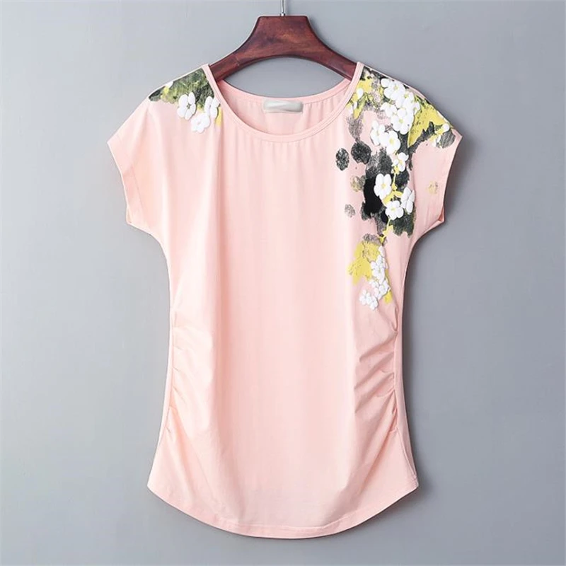 

Woman Summer Plus Size 96% Cotton T-shirts Female Oversized Hedging Slim Tops Lady Stretch Print Tees Loose Arriba Top Camiseta