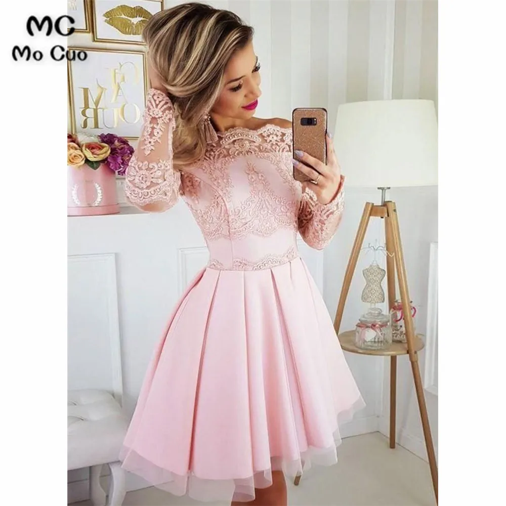 

Off Shoulder Homecoming Graduation Dresses with Long Sleeves Appliques Lace Short formal dress Homecoming Dress Party Dress