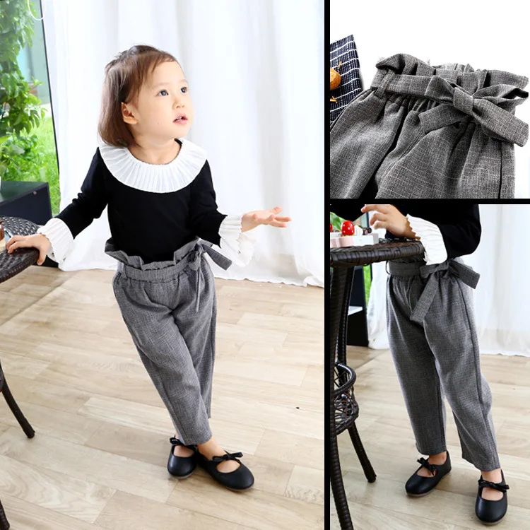 

Baby Girls Plaid Pants Cotton Autumn High Waist Vintage Kids Spring Trousers Children Fashion Long Pant with Big Bow New Fashion