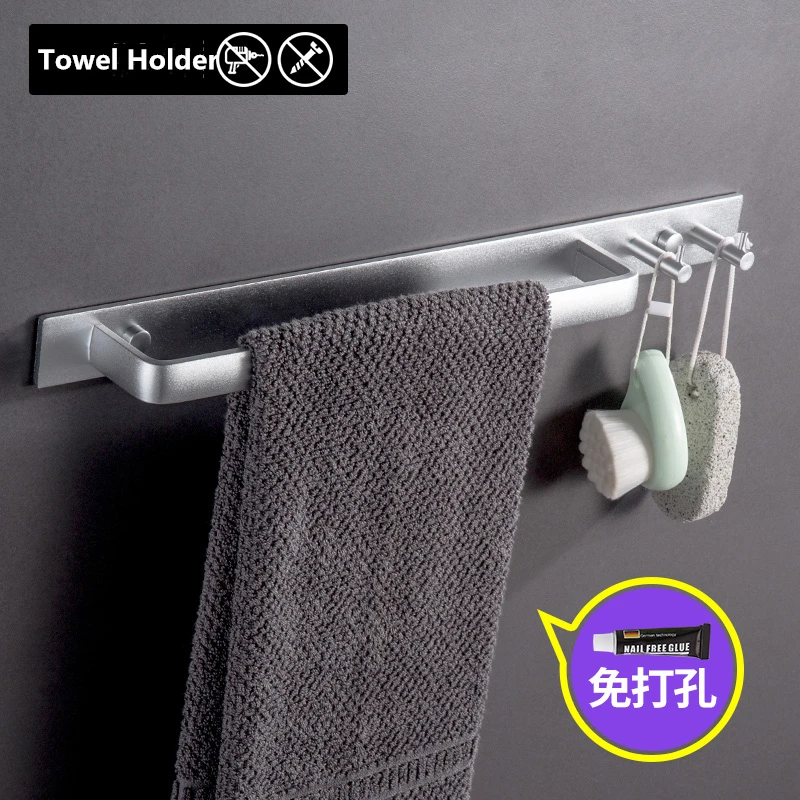 

Balck Bath Towel Holder with Hooks Aluminum Bathroom Hardware Accessories Set Punch Free Adhesive Towel Bar 40cm YL-920