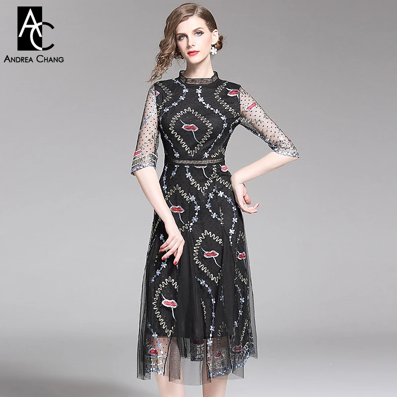 

S-XXL spring summer woman dress blue red flower pattern embroidery black gauze dress ball gown fashion calf length long dress