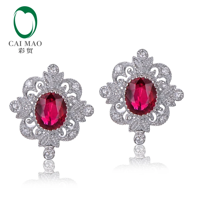 

Caimao Natural 0.93ct Red Ruby Earrings H SI Diamond Vintage Milgrain Design 18kt White Gold Exquisite