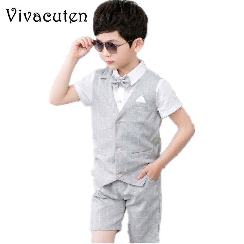

Boys 2PCS Vest + Shorts with Bow Tie Kids Summer Clothing Sets Gentleman Children Wedding Party Wear Plaid Formal Suits Dress