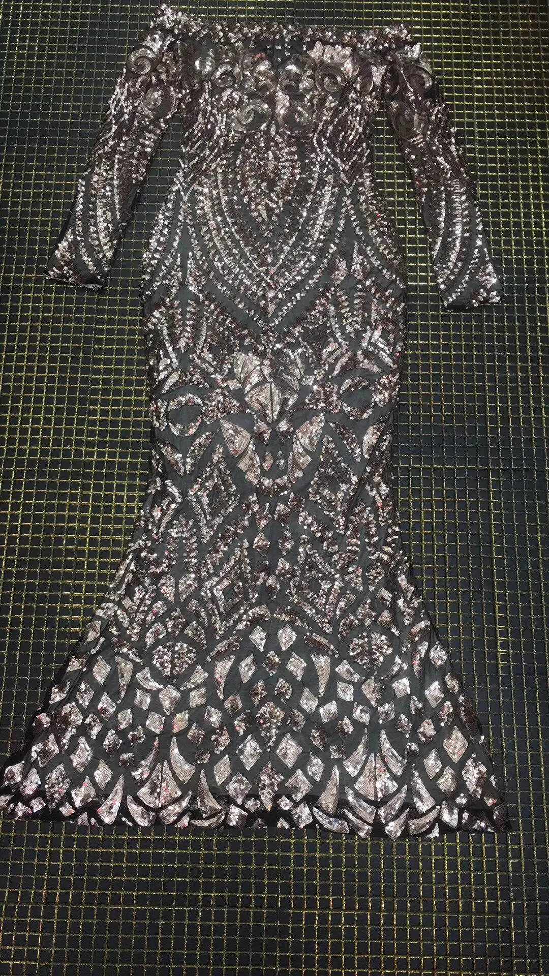 Nero Collo Nuovo Pavimento Geometrica Lunghezza Del Slash Modo Manicotto Aderente Spalla Off Vestito Dhb596 Il Di Kleezy Paillettes Tromba blu Elegante Pieno RSvRq