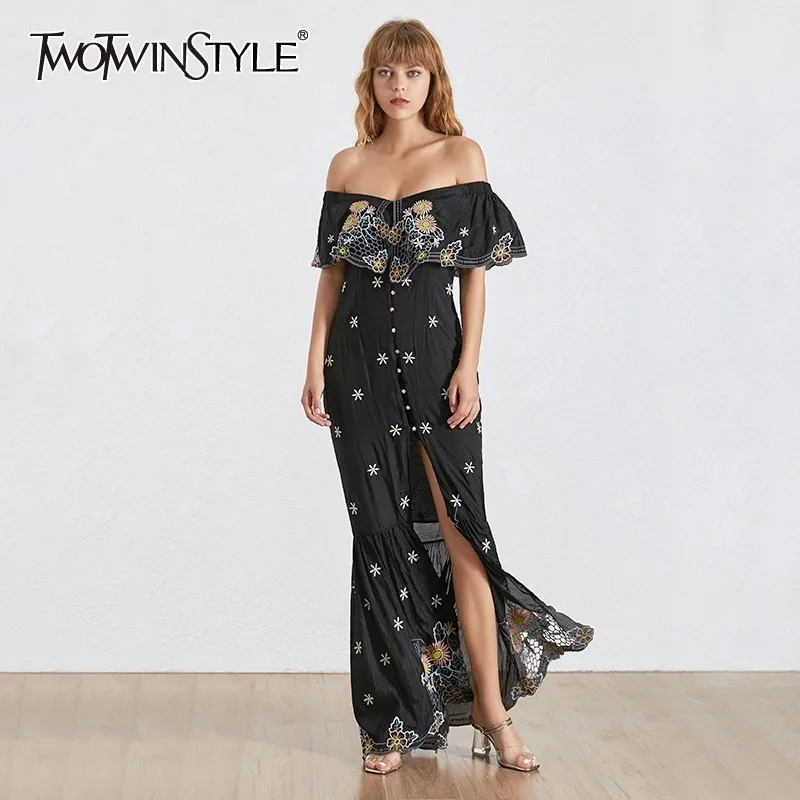 

TWOTWINSTYLE Elegant Embroidery Women Dress Off Shoulder Slash Neck High Waist Split Slim Party Dresses Female Summer 2019