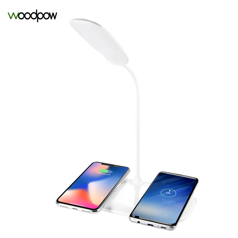 

Woodpow 2 Wireless Charger Pad LED Desk Lamp For iPhone X/8 Sumsang Dimmable Felixable Desk Lamp USB Charging Reading Lights