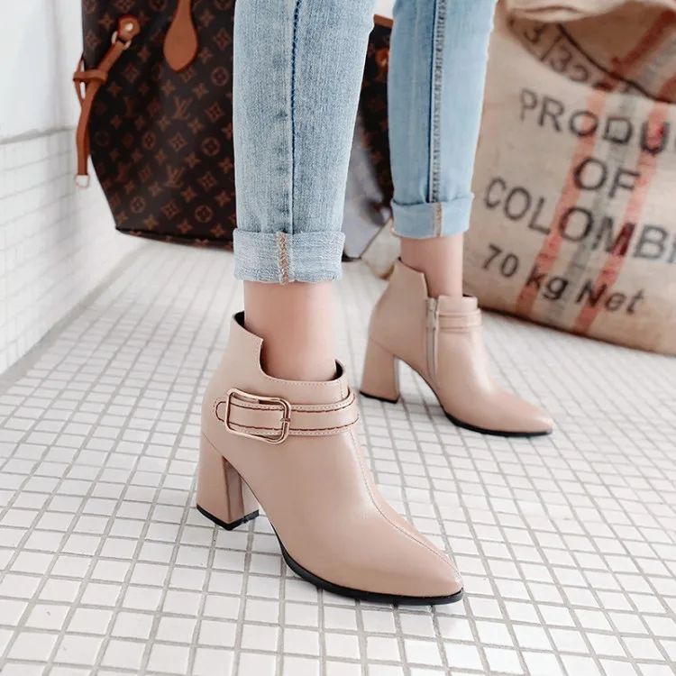 

Big Size 11 12 13 14 15 16 Knight boots with sharp, thick heel, high heel, side zipper, belt buckle and metal decoration