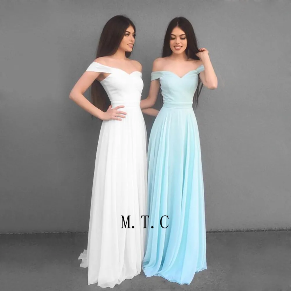 

2019 Simple Mint Green Chiffon Evening Dress Off The Shoulder A Line Floor Length Long Elegant Prom Gown Cheap Women Party Dress