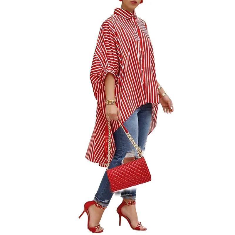 

Striped Chiffon Blouse Women Summer Tops Turn Down Collar Button up Shirts Half Sleeve Short Front Long Back Asymmetrical Shirt