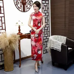 Красное негабаритное 4XL вискозное платье с цветочным принтом ручной работы и пуговицами, традиционное китайское Ципао, женское платье