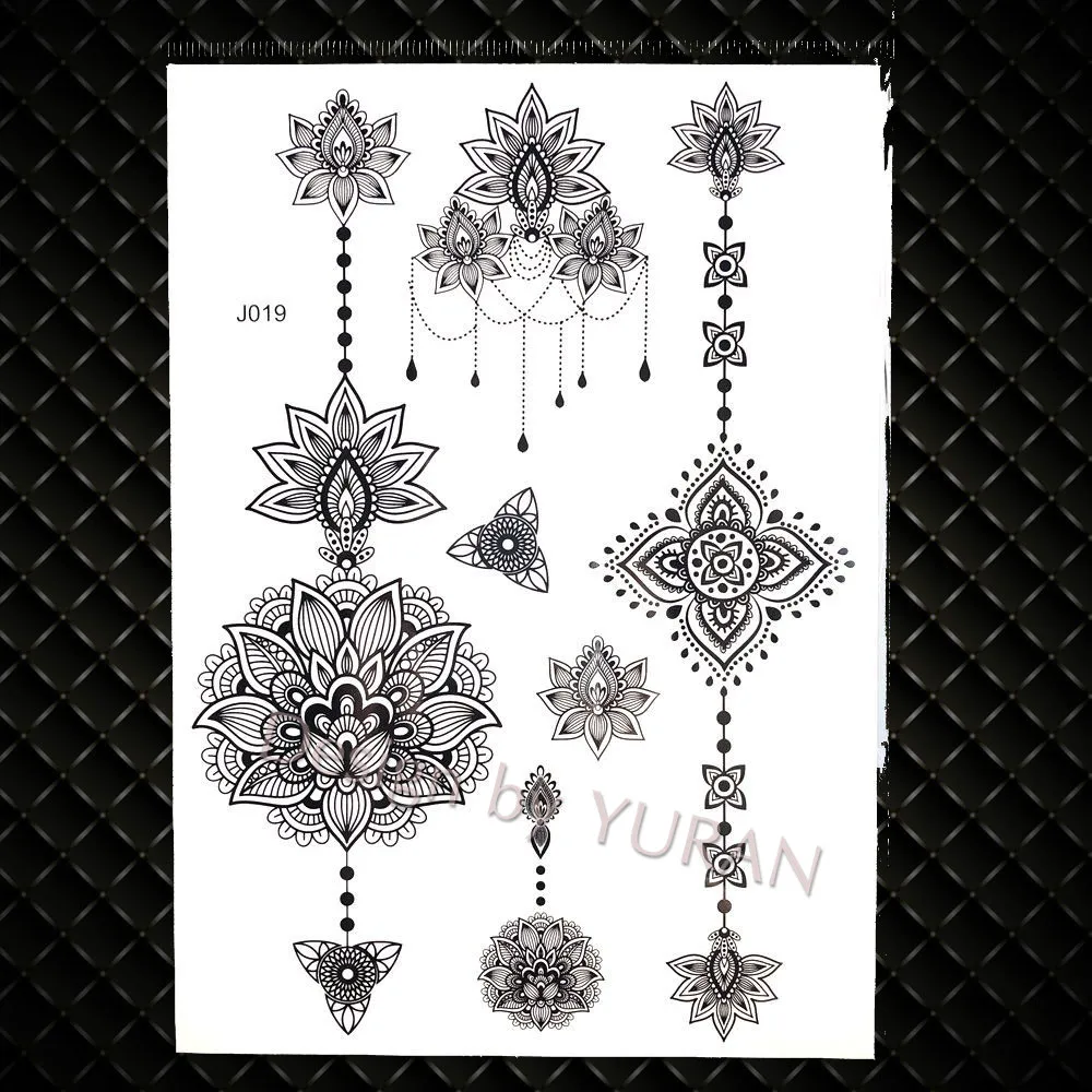 GBJ019 Треугольники Индия цветочные черный серьги Henna Mandala в богемном стиле тату-наклейка для боди-арта для установки на стержень, руку, грудь, Временные татуировки Поддельные Водонепроницаемый Пользовательские татуировки золотого и серебряного - Цвет: GBJ019