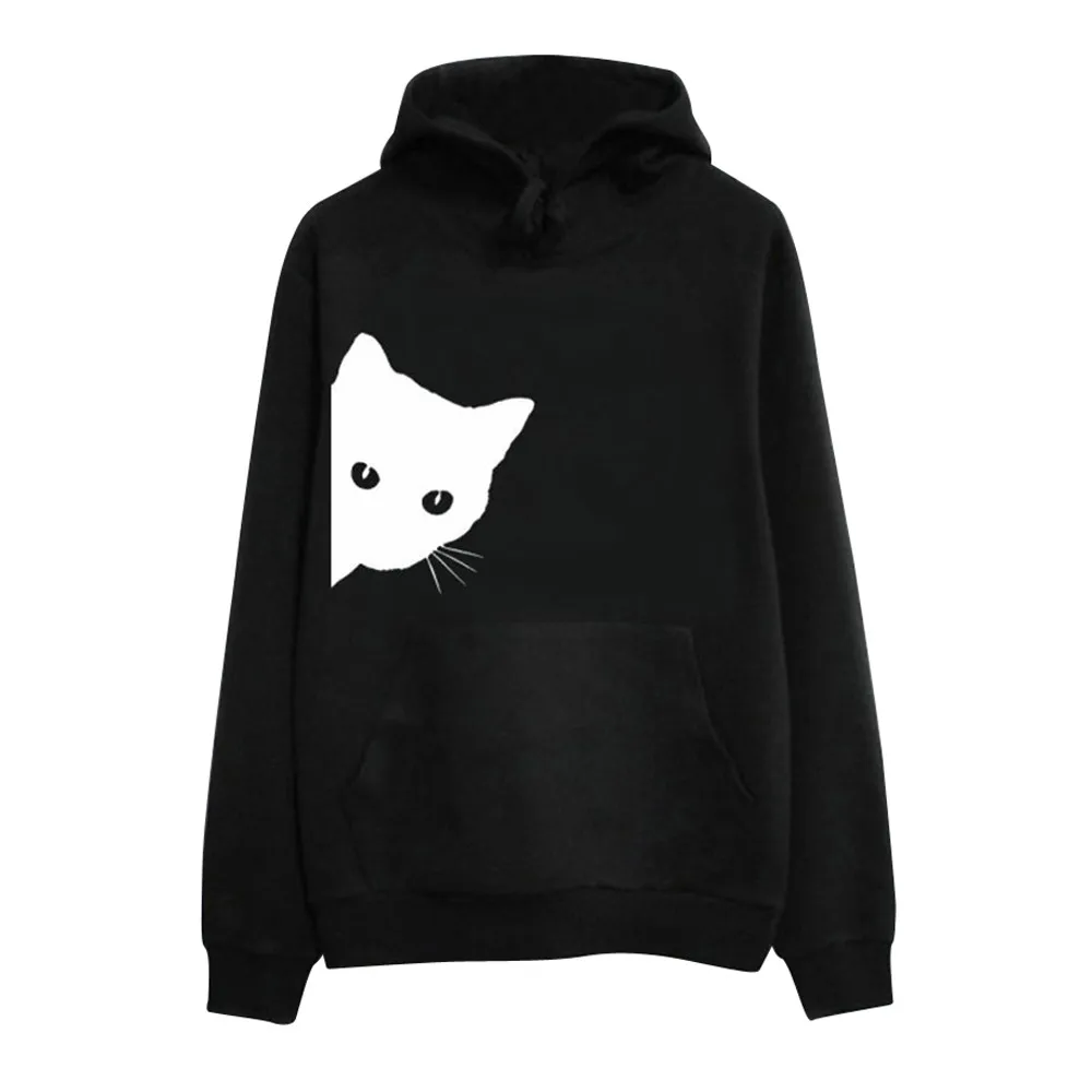

Womens Long Sleeve Cat Print Hoodie Female Black Sweatshirt Hooded Pullover With Pocket