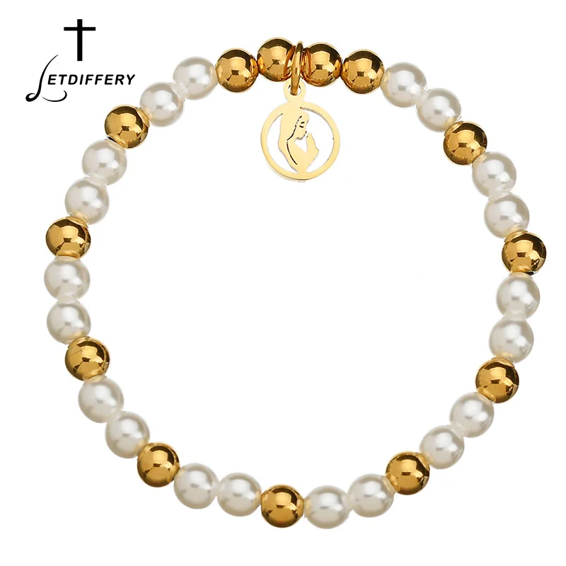 

Letdiffery Factory Direct Hollow Virgin Mary Medal Bangles Imitation Pearl Bracelets & Bangles For Mother's Gift