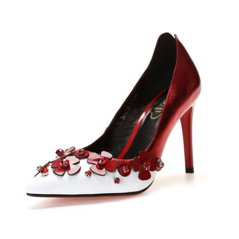 

2019 Luxury Pointed Toe Wedding Shoes High Heels Women Pumps Genuine leather Fine heel Flower Rhinestone Working shoes S-272