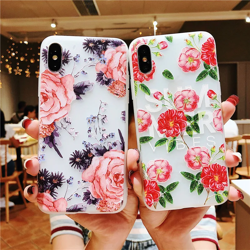 

Emboss Rose Flower Floral Silicon Phone Case For iPhone X 8 7 6 6S Plus Coque For iPhone 7 8 Plus XS Max XR Soft TPU Cover