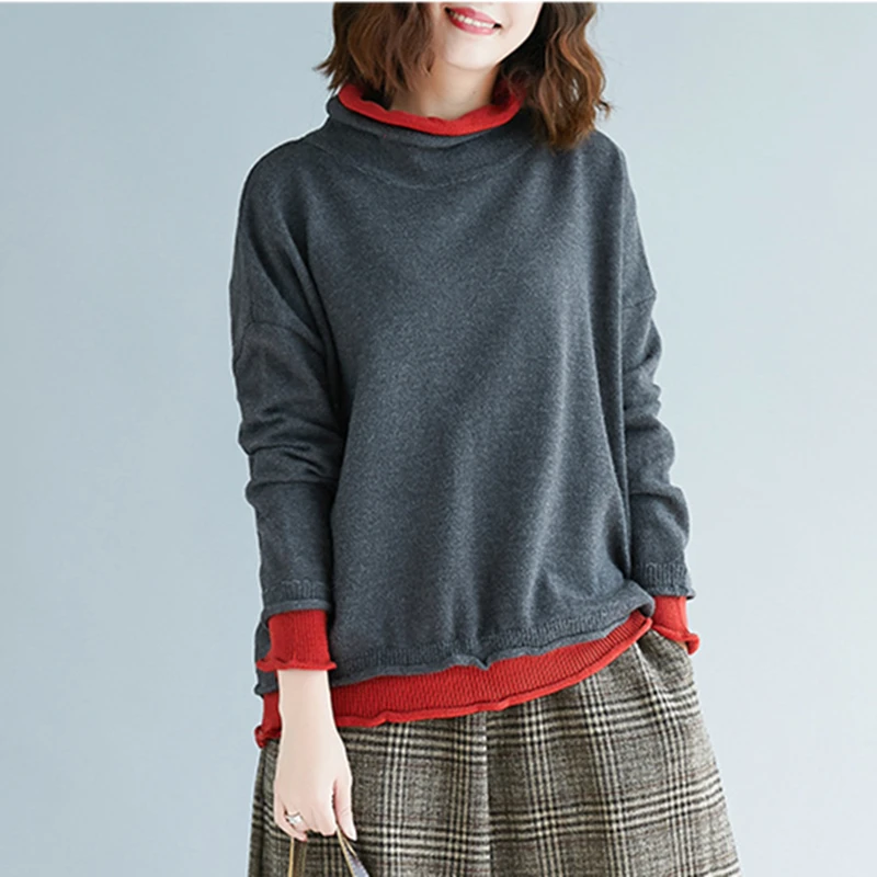 

Johnature Turtleneck Pullovers Batwing Sleeve Women Warm Sweater Patchwork Long Sleeve 2019New Autumn Loose Sweater