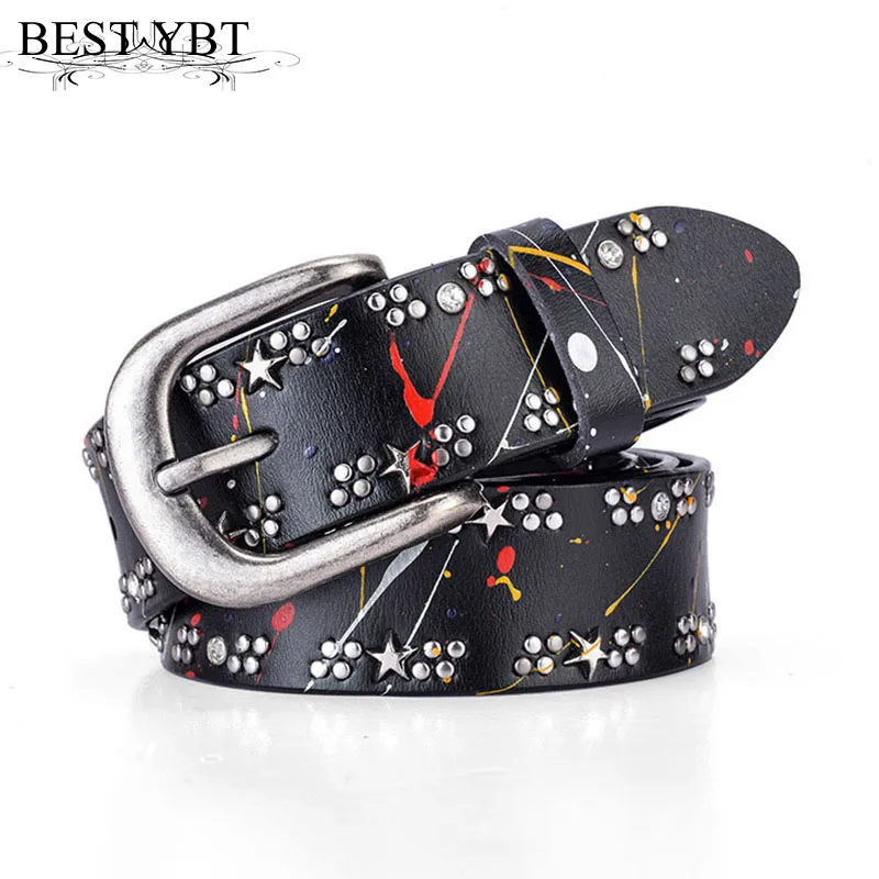 

Best YBT Women belt fashion printing rivet decoration Imitation leather belt trend casual Women Alloy pin buckle cowboy belt