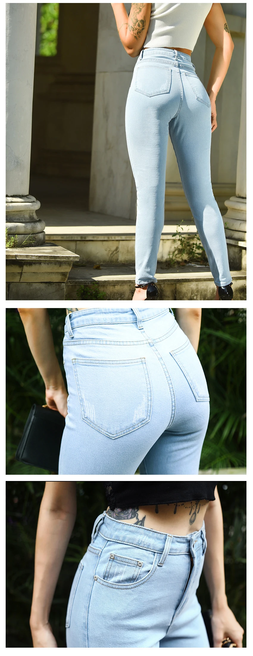 European and American autumn women's wear high waist slender stretch jeans pants pure color wash slim jeans (15)