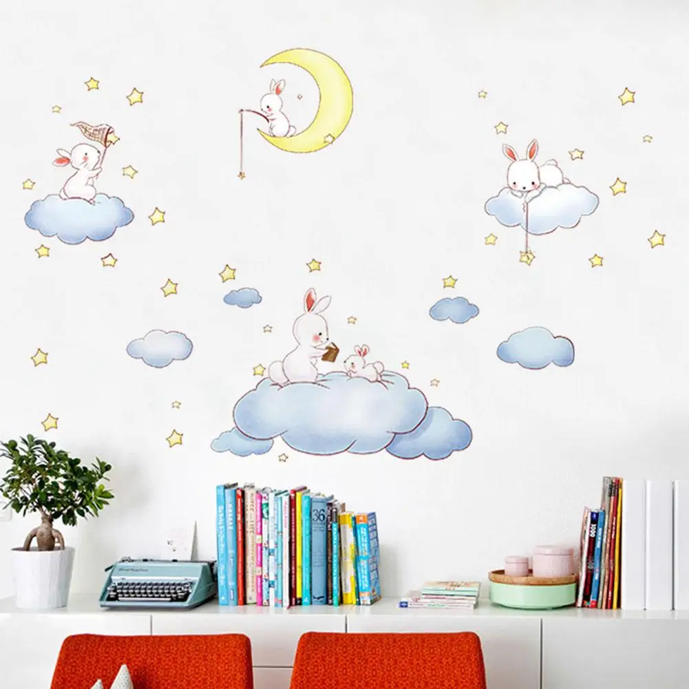 

Cartoon White Clouds Rabbit Wall Stickers For Kids Rooms Baby Bedroom Moon And The Stars Wall Decals Home Decor