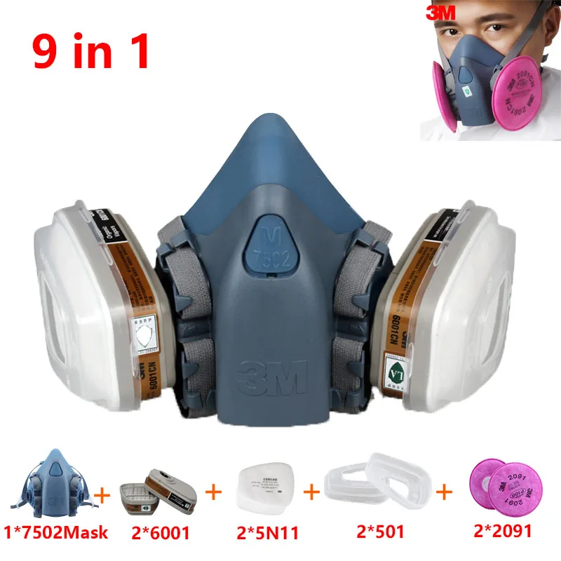 

9 In 1 Suit 3M Gas Mask Half Face Respirator Painting Spraying For 3M 7502 N95 6001cn/2091 Dust gas Mask chemical Respirator