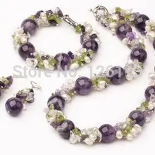 Красивый Фиолетовый Кристалл перидот и жемчужное ожерелье, браслет серьги набор ювелирных изделий для женщин