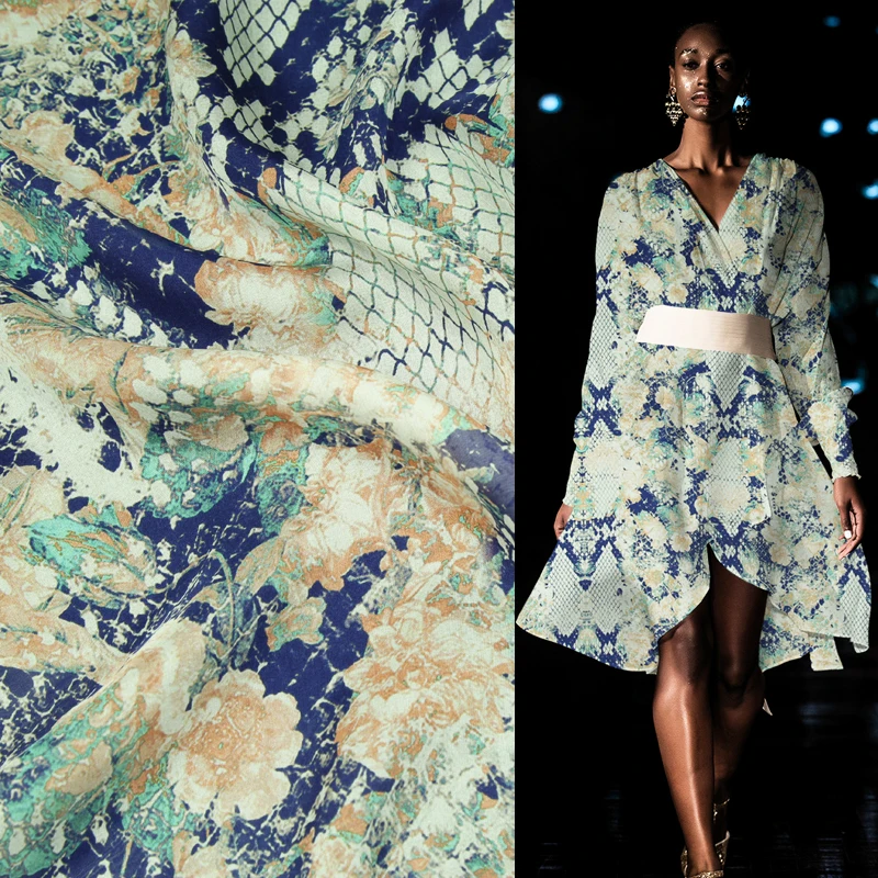 

Snake print and floral print 100% silk chiffon silk fabric 140cm width,SCF109