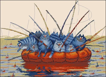 

For Embroidery Needlework Crafts 14CT Unprinted DIY Quality Cross Stitch Kits Handmade A Boat Fishing Cat Arts Decor Animal