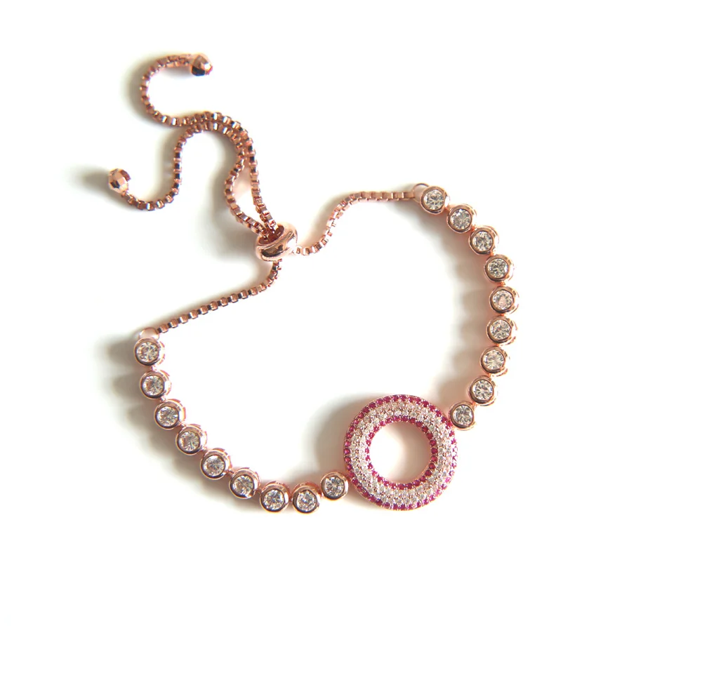 

Rose Gold Silver Color Plated Cubic Zirconia Paved Circle Adjustable CZ Zircon box chain Bracelets for Women
