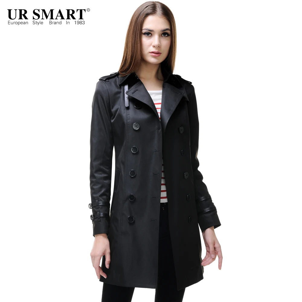

URSMART Ms. counter genuine double-breasted coat style black windbreaker jacket and long sections Women