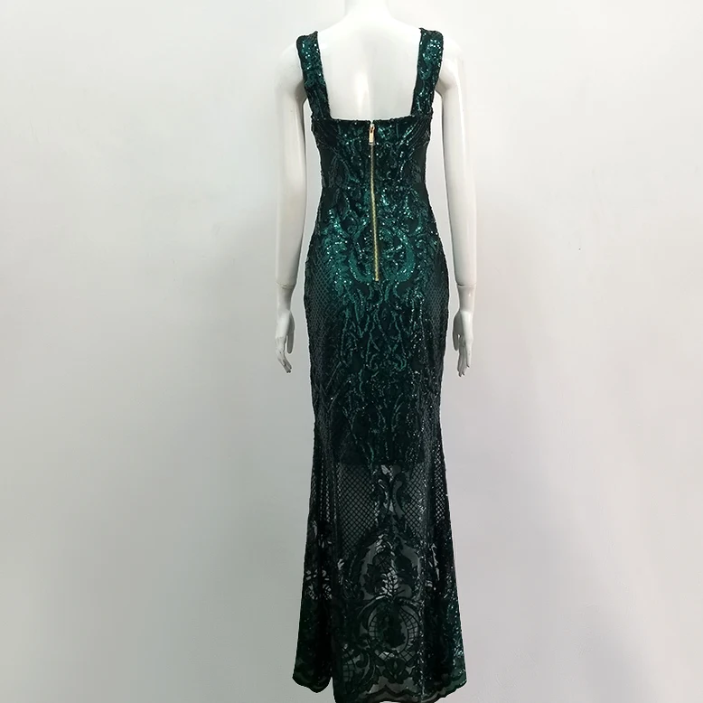 Новейшая модель; Роскошные пикантные V образным вырезом Блестки зеленые платья-Макси длинное платье вязаные дизайнерские вечерние платья