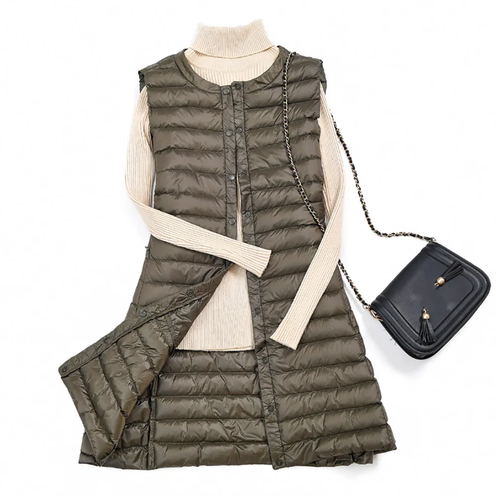 Winter Women's Warm Waistcoat Long Vests Ultra Light White Duck Down Vest Sleeveless Jacket Coat Round Collar Autumn Plus Size