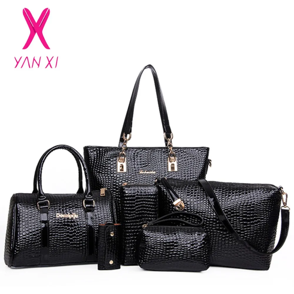 

YANXI New 6 in 1 Fashion luxury designer crocodile PU Tote+Shoulder Satchel/Messenger+Clutches composite bags brand handbags set