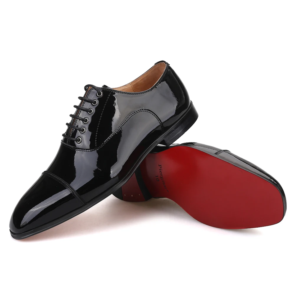 Piergitar 2019 Handmade Black Parent Leather Men Dress Shoes Wedding And Banquet Men Red Bottom Shoes Lace Up Men Derby Shoes