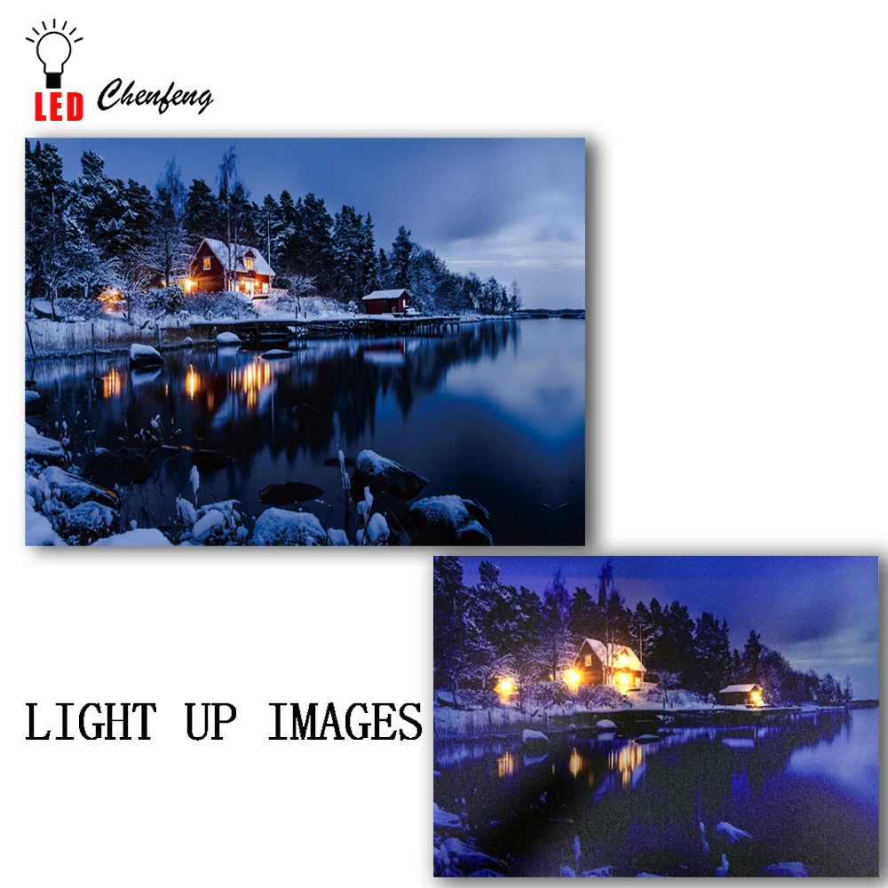 

Lighted canvas printing led canvas wall art decorative Snowy Cabin scene winter landscape Painting on Canvas holidaygift