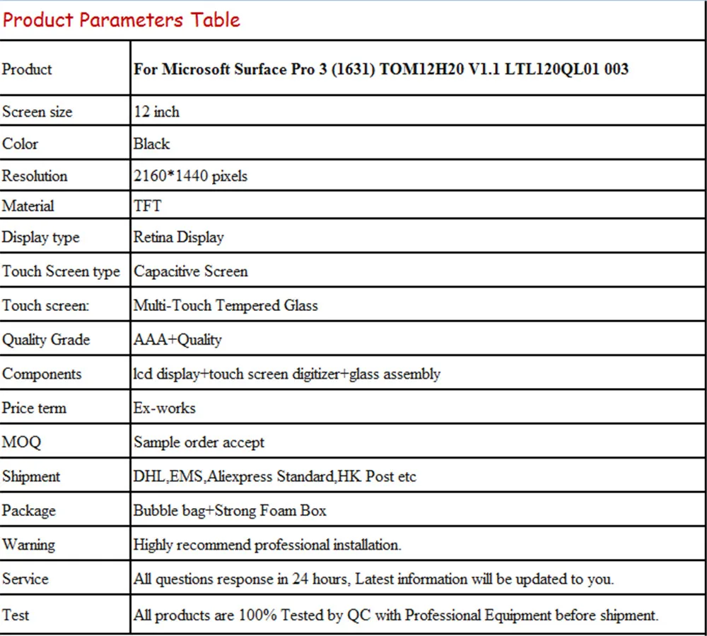 ЖК дисплей в сборе для microsoft Surface Pro 3(1631) TOM12H20 V1.1 LTL120QL01 003 ЖК-дисплей с сенсорным экраном дигитайзер