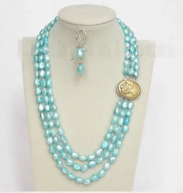 

FREE SHIPPING HOT sell new Style >>>> 18" 3row 12mm baroque sky blue pearls necklace dangle Earring j8493