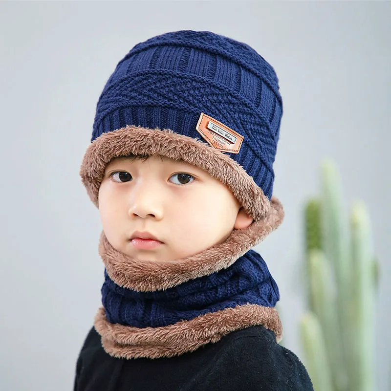 Модные брендовые Детские вязаные шапочки, шапка, шарф, комплект из 2 предметов, зимняя мягкая шапка для мальчиков и девочек, шарфы и бархатные плотные теплые детские шапки