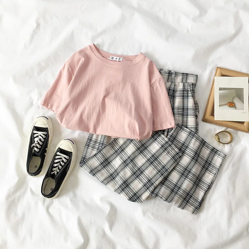 

Mooirue Summer Two Piece Set Women Solid Short Sleeve T-shirt + Plaid High Waist Pant Set Fashion Korean Sweet Wide Leg Pants