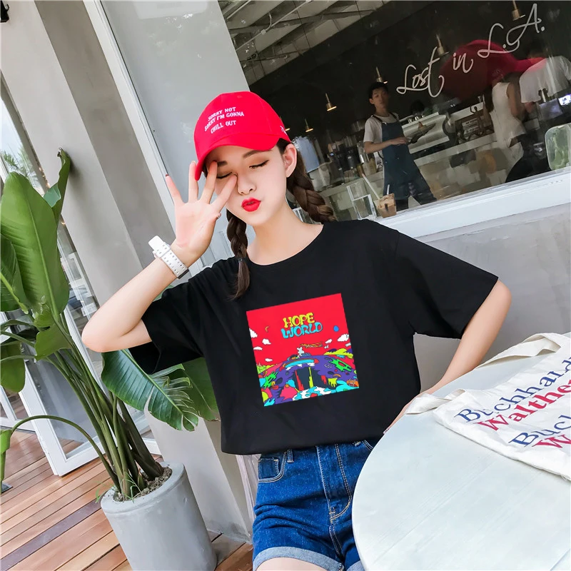 Korean Women T Shirts Short Sleeve Vogue Printed Hope World O-Neck Female T-Shirts Casual Tee Tops Woman Plus size Clothing