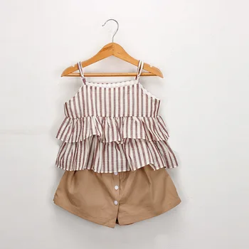 

2019 New Summer Girls Clothing Set Striped Suspender T-Shirt+Shorts 2Pcs Set Kids Clothes