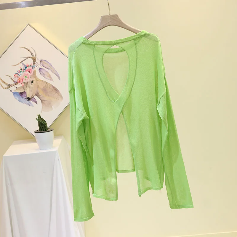 summer Korean version of the loose chic backless careful machine thin section long-sleeved knit T-shirt wild