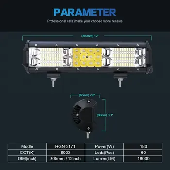 

12inch 180W LED Work Light Flood Spot Combo Light Bar Waterproof IP67 Offroad Lamp Fog Lights for Trucks Jeep Van ATV SUV