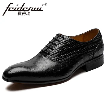 

New Luxury Genuine Leather Men's Oxfords Formal Dress Pointed Toe Weave Man Flats Ostrich Pattern Male Handmade Shoes ASD116