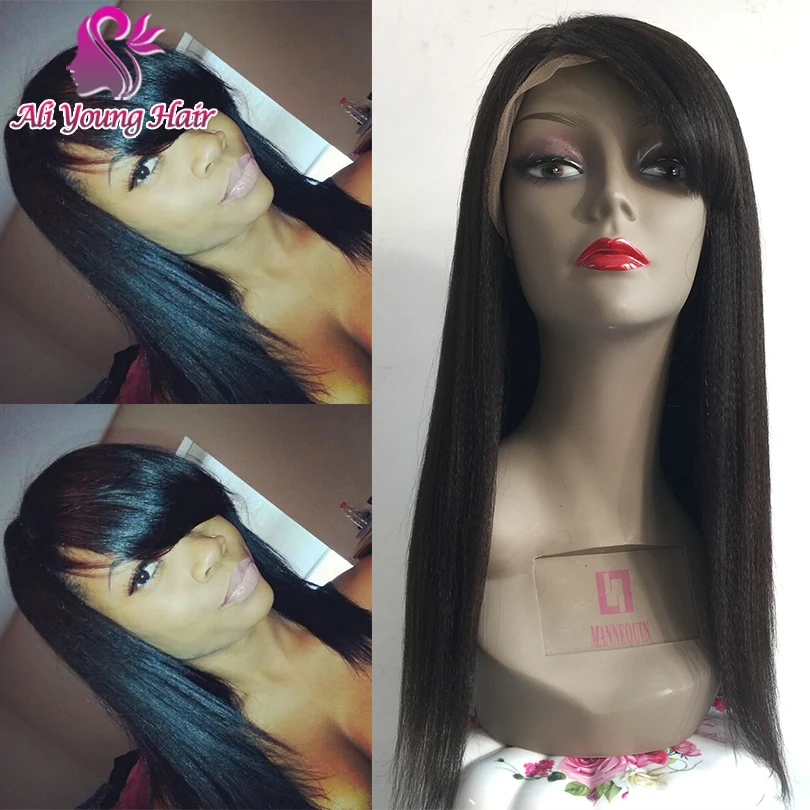 

7A Italian Yaki Straight Glueless Full Lace Human Hair Wigs Peruvian Virgin Hair Lace Front Wigs With Bangs For Black Women