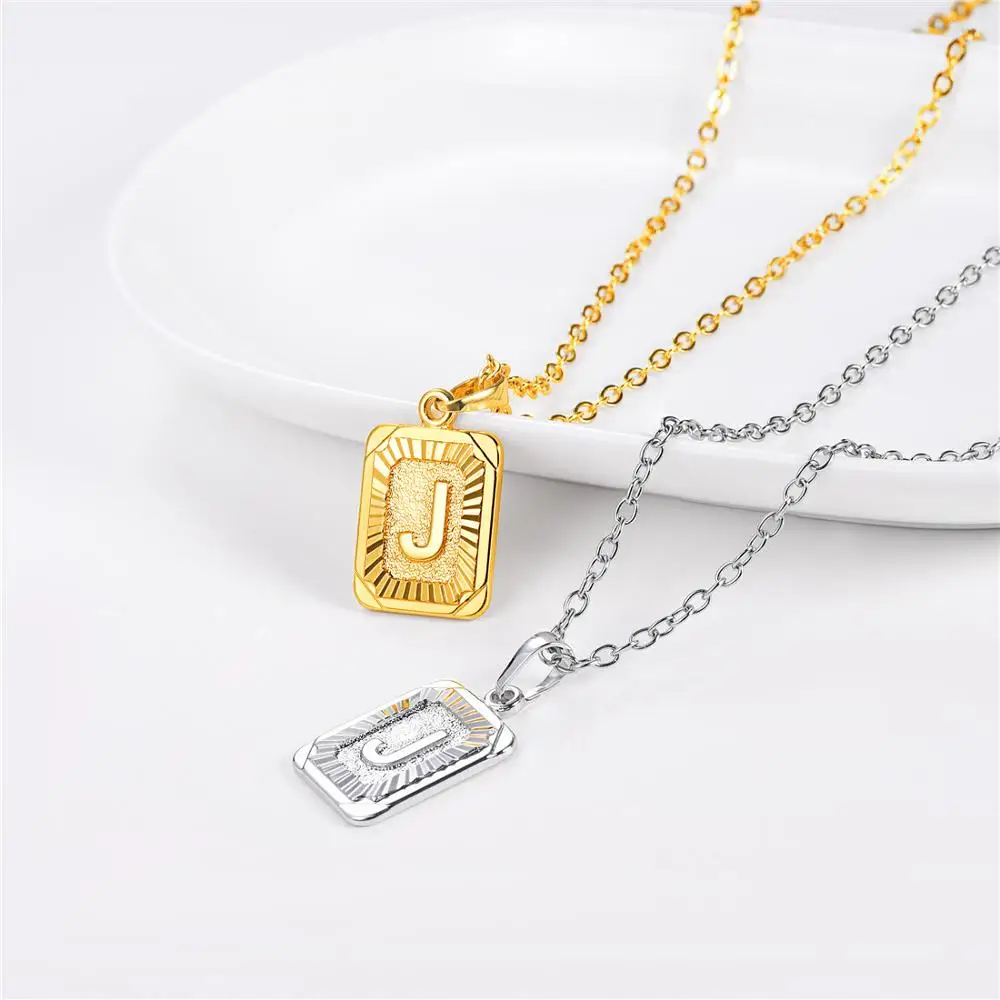 U7 Square Letters Necklaces Pendant Chain Necklace for Women Men English Initial Name Alphabet Jewelry Best Birthday Gifts P1196 - Окраска металла: J