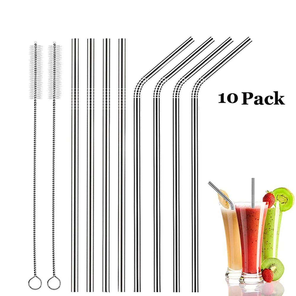 

10Pcs Reusable Metal Drinking Straws Stainless Steel Sturdy Bent Straight Drinks Straw with Cleaning Brush Bar Party Accessory