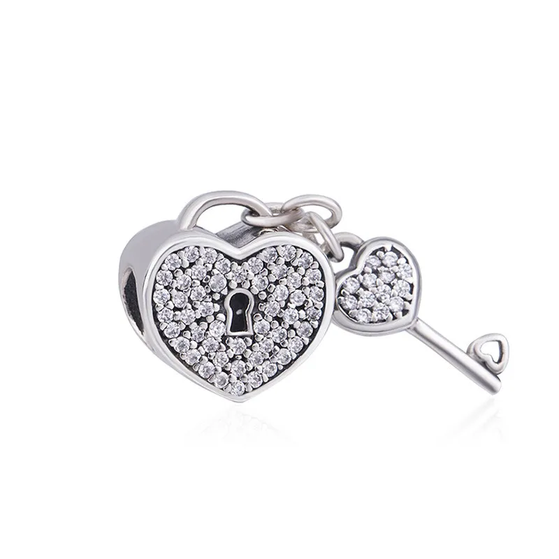 

Authentic 925 Sterling Silver Bead Charm Love Heart Lock & Key With Crystal Pendant Beads Fit Pandora Bracelet Jewelry