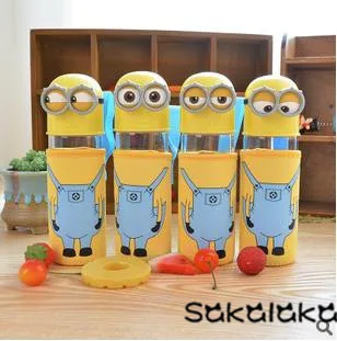 300ml cute minions cartoon glass portable drinking water bottle with